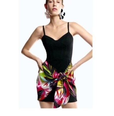Print Slim Sling Backless Lace-up Short Dress NSAM132862