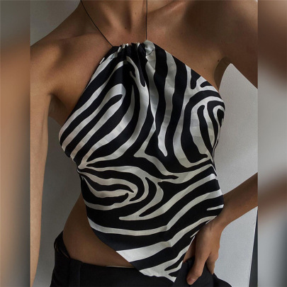 Backless Hanging Neck Sleeveless Slim Zebra Print Vest NSBDX132904