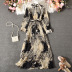 pleated print long sleeve lace-up stand collar long dress NSYXG132963