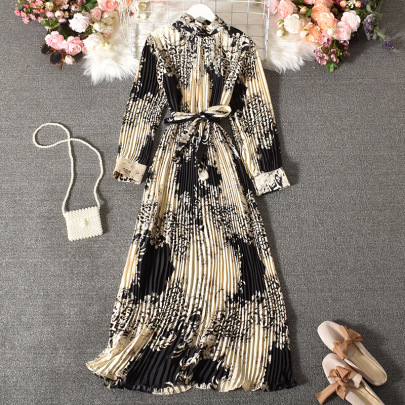 Pleated Print Long Sleeve Lace-up Stand Collar Long Dress NSYXG132963
