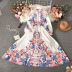 breasted floral lapel long sleeve belt large swing shirt dress NSYXG132965