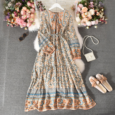 Print Retro Ethnic Style Lace-up Long Sleeve Large Swing Dress NSYXG132966