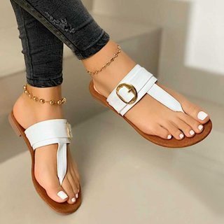 Metal Buckle One-word Clipped Toe Flat Slippers NSCRX132977