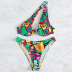 Print single-shoulder hollow backless bikini two-piece set NSOLY133000