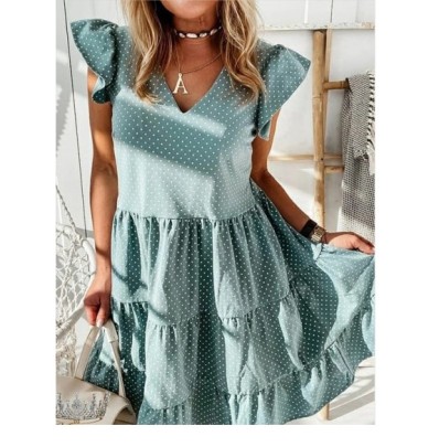 V-neck Ruffle Sleeve Loose Polka Dot Printing Dress NSFH133022