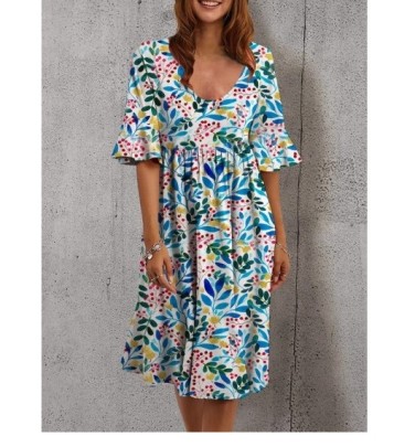 Print Loose Round Neck Mid-sleeve Dress-Multicolor NSFH132925