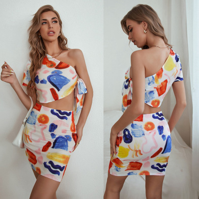 Printing Slanted Shoulder Short Sleeve Lace-up High Waist Slim Top And Skirt Suit NSJKW132946