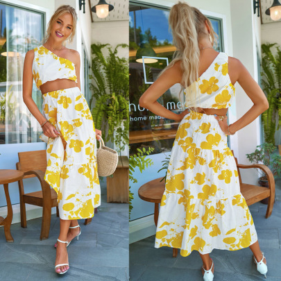 Printed Sloping Shoulder Sleeveless High Waist Vest And Skirt Suit NSJKW132945
