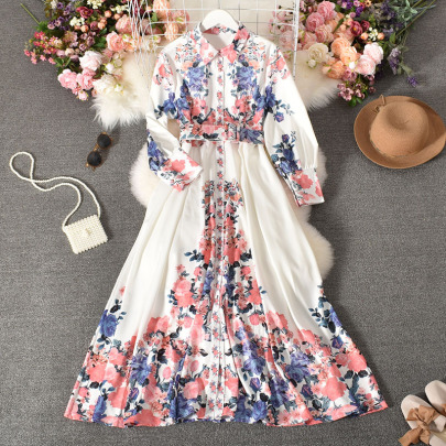 Breasted Floral Lapel Long Sleeve Belt Large Swing Shirt Dress NSYXG132965