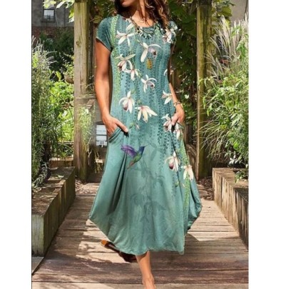 Round Neck Short-sleeved Loose Flower Print Dress NSFH132927