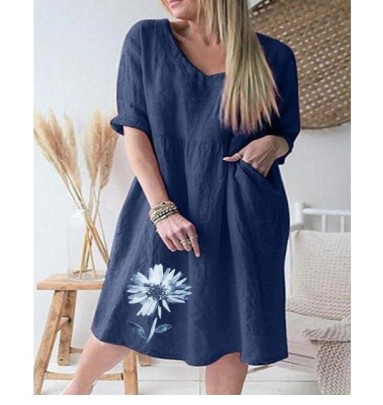 Plus Size Mid-sleeve Loose V-Neck Chrysanthemum Print Cotton Linen Dress NSFH133021