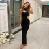 silver Edge Hollow Round Neck slit Sleeveless Long solid color dress NSCBB133824