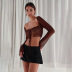 long-sleeved low-cut lace-up short solid color mesh top NSHLJ133835