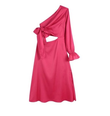 Single-shoulder Long Sleeve Lace-up Hollow Solid Color Dress NSAM133774