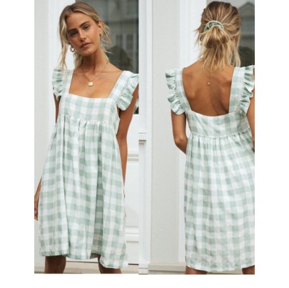 Ruffle Sling Square Neck Backless Loose Plaid Dress NSJKW133793