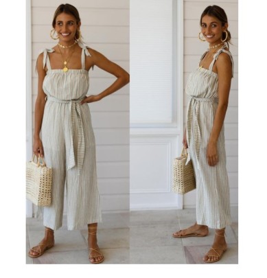Sling Backless Lace-up Wide Leg Striped Jumpsuit NSJKW133787