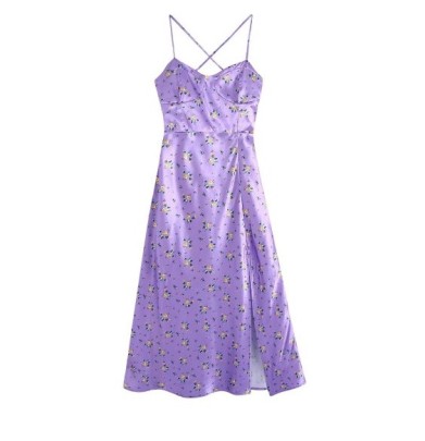 Backless Cross Lace-up Slit Suspender Floral Dress NSAM133781