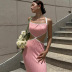 backless lace-up slim sling solid color dress NSHTL133925