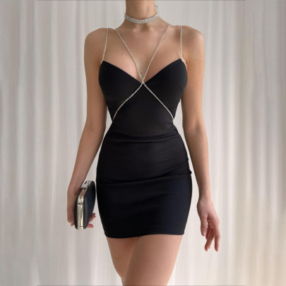 Chain Sling Backless Low-cut Slim Solid Color Dress NSLJ133958