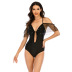 sling backless deep v solid color mesh one-piece swimsuit NSVNS133993