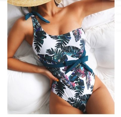 Print Single-shoulder Lace-up Slim One-piece Swimsuit NSVNS133995