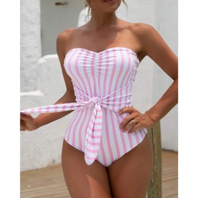 Tube Top Backless Lace-up Striped One-piece Swimsuit NSVNS133992
