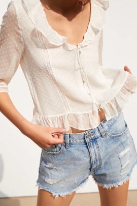 Mid-sleeve Ruffle Lace-up V Neck Solid Color Top NSAM134004