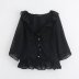 mid-sleeve ruffle lace-up v neck solid color top NSAM134004