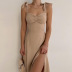 suspender slit low-cut high waist slim backless solid color dress NSLJ134017