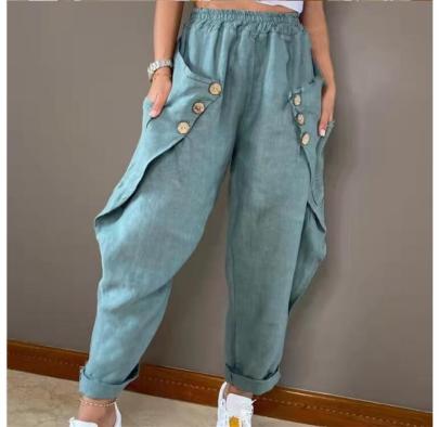 Button Solid Color High Waist Loose Casual Pants NSYF134073