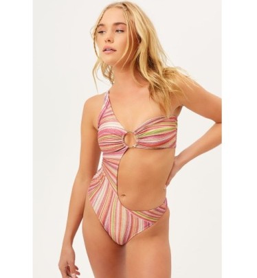 Single-shoulder Wrap Chest Hollow Slim Striped One-piece Swimsuit NSVNS134053