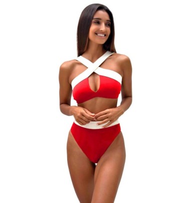 Sling Backless Wrap Chest High Waist Color Matching Bikini Two-piece Set NSVNS134057