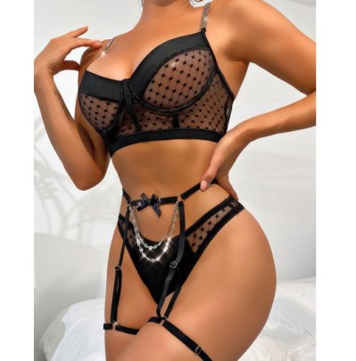 Sling Chain Wrap Chest High Waist Solid Color Perspective Underwear Three-piece Set NSRBL134034