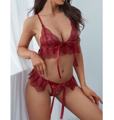Wrap Chest Backless Sling Solid Color Lace Perspective Underwear Two-piece Set NSFQQ134041