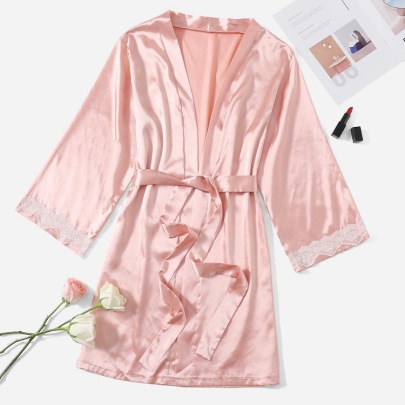 Lace-up Loose Long Sleeve V Neck Stitching Solid Color Nightgown NSFQQ134044