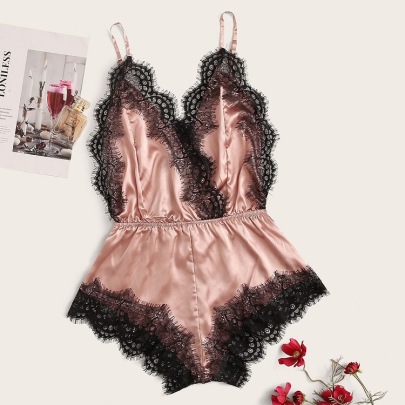 Sling Stitching Backless Color Matching Lace One-piece Pajamas NSFQQ134042