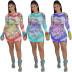 see-through printed feather long-sleeved round neck tight dress NSCYW134136