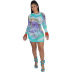 see-through printed feather long-sleeved round neck tight dress NSCYW134136