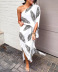 print slanted shoulder long sleeve high waist slit dress-Multicolor NSSRX134149
