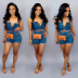 sling backless high waist slim button Denim vest and Shorts Two-piece Set NSFH134168