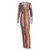 print V-neck long-sleeved high waist slim long dress NSJYF134195