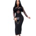round neck stitching long-sleeved tight high waist solid color see-through dress NSJYF134199