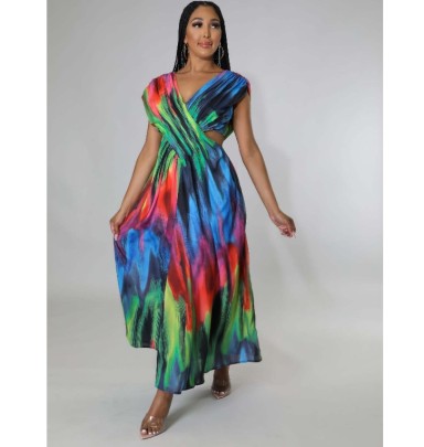 Printing V Neck Sleeveless High Waist Long Dress NSCYW134143