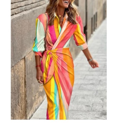 Printed Long-sleeved Lapel Lace-up Slim Shirt Dress-Multicolor NSSRX134151