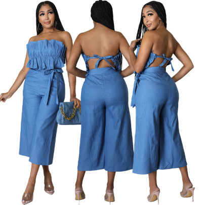 Tube Top Backless Lace-up Wide-leg Solid Color Denim Vest And Pant Suit NSCYW134134