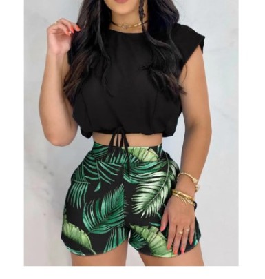 Printing/solid Color Round Neck High Waist Short Sleeve Lace-up Top And Shorts Set NSSRX134145