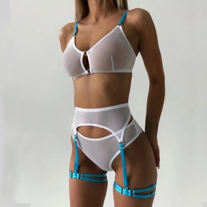 Breathable Sling High Waist Color Matching See-through Underwear Three-piece Set NSWY134130