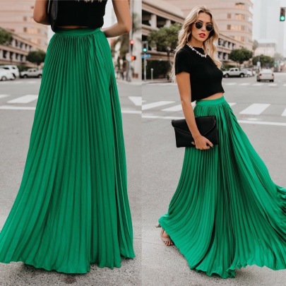 Pleated Solid Color Large Swing High Waist Skirt NSPPF133243