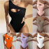 single-shoulder sleeveless hollow slim solid color one-piece swimsuit NSLRS133149