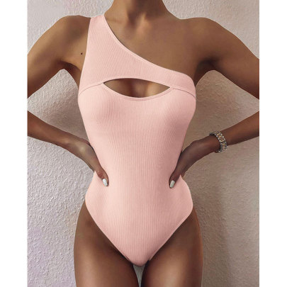 Single-shoulder Sleeveless Hollow Slim Solid Color One-piece Swimsuit NSLRS133149